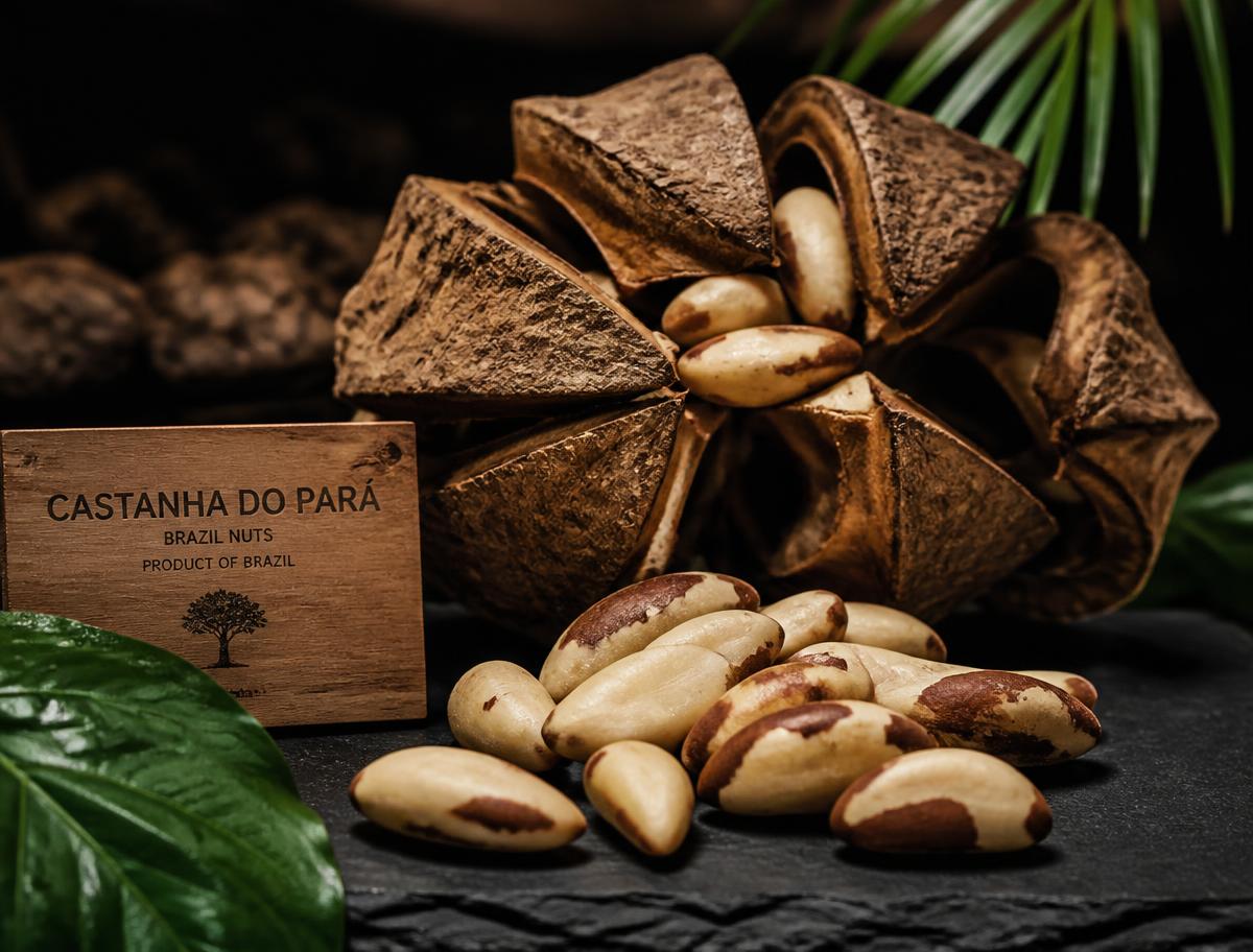 Castanhas do Pará descascadas ao lado de um ouriço aberto