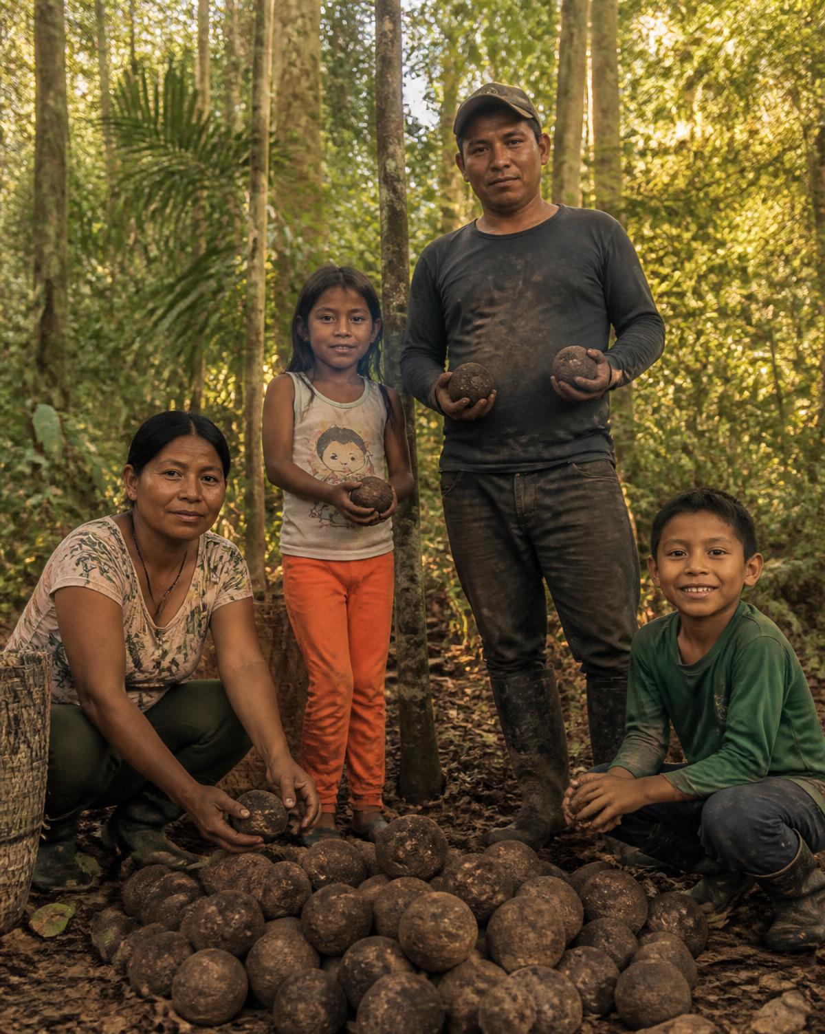 Família extrativista amazônica com ouriços de castanha do Pará colhidos na floresta