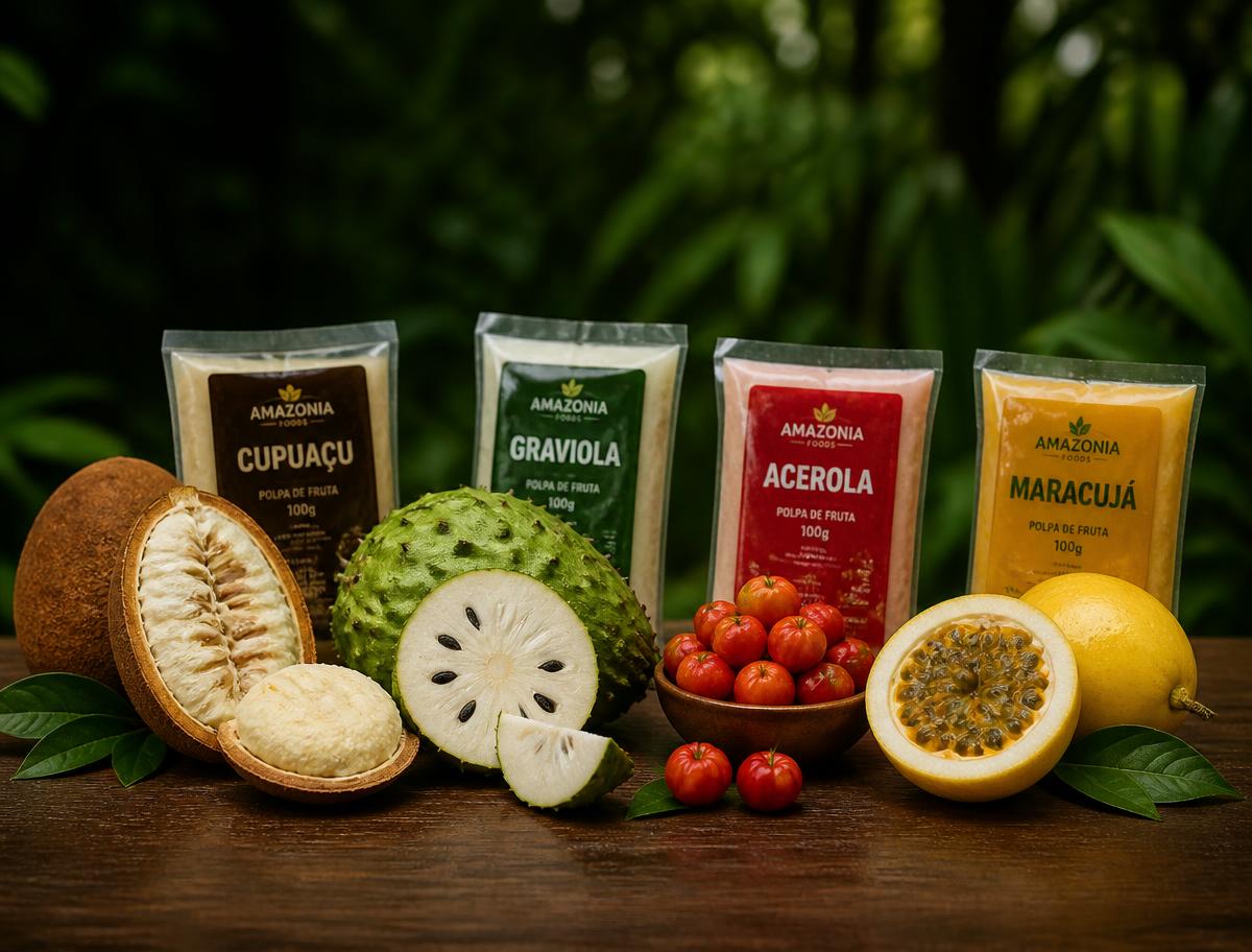 Frutas amazônicas e embalagens de polpa de cupuaçu, graviola, acerola e maracujá